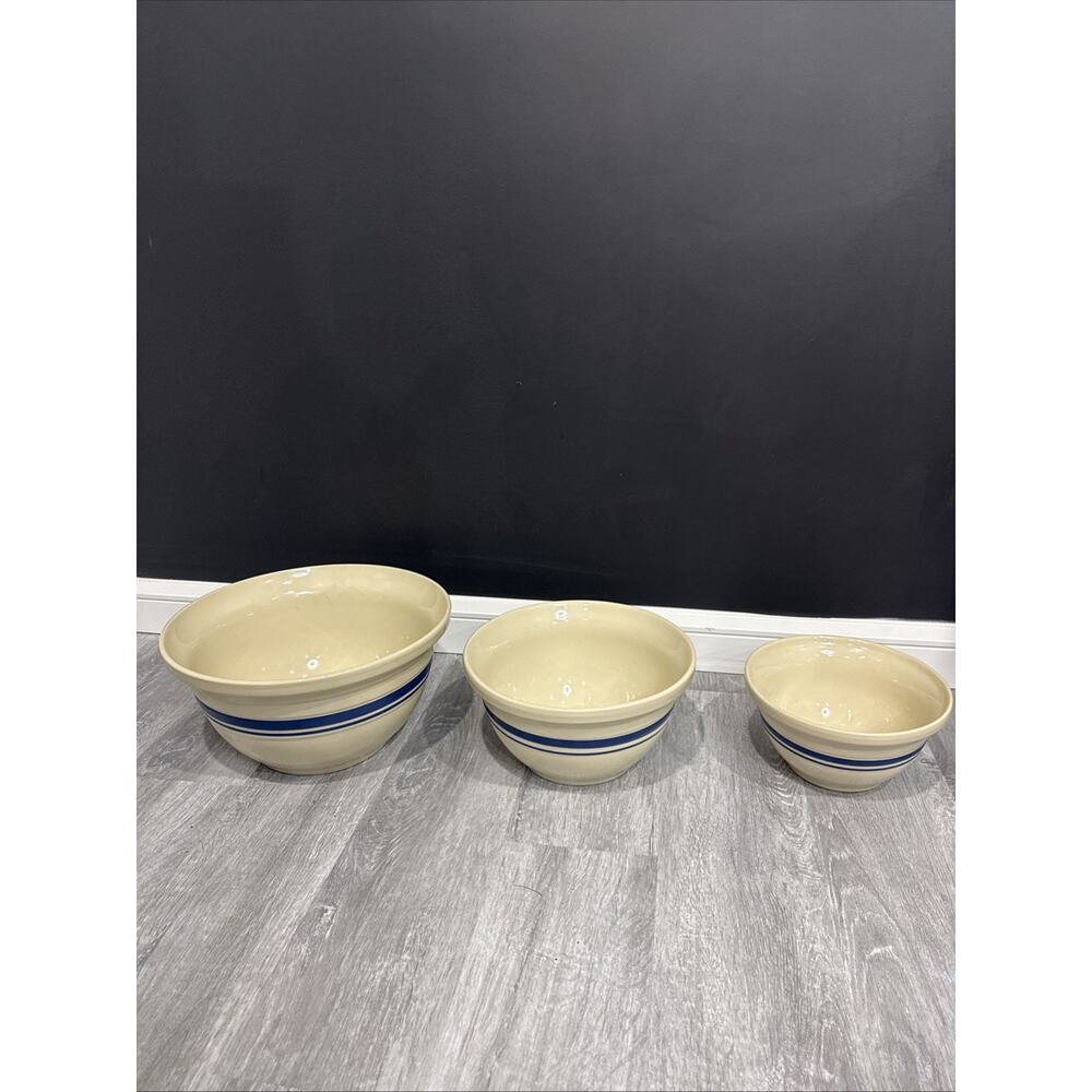 (3) VTG Roseville Ohio Nesting Mixing Bowls Friendship Blue Stripe Stoneware